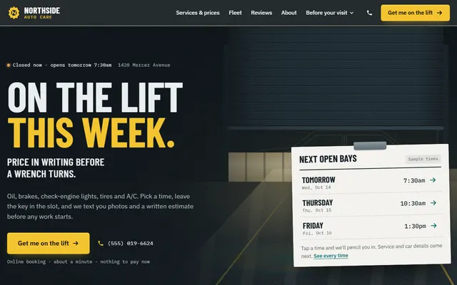 Homepage of Northside Auto Care, the Complete example site