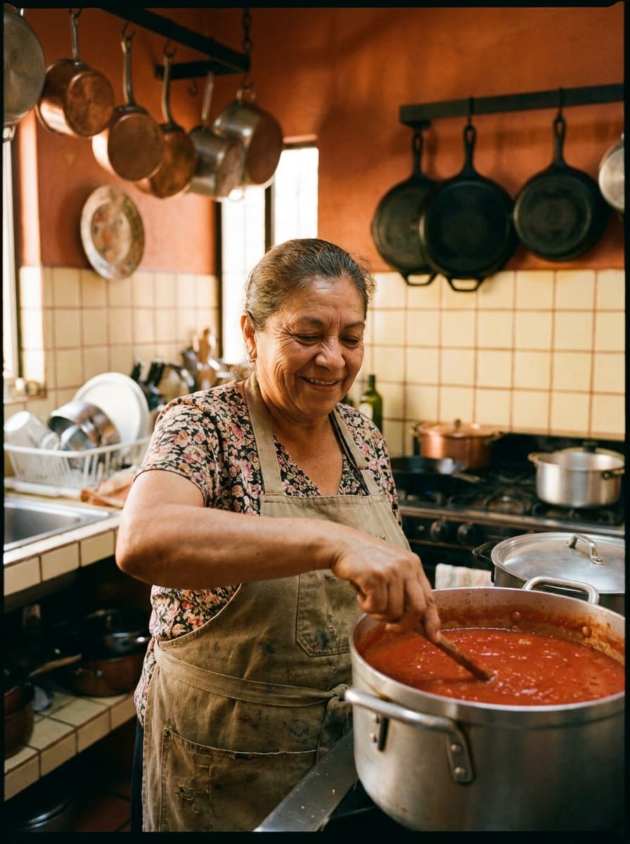 Maria at the stove in the restaurant kitchen