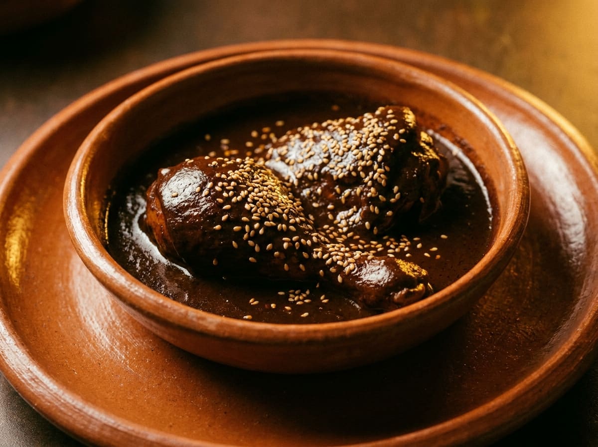 Mole negro ladled over chicken, nearly black and glossy