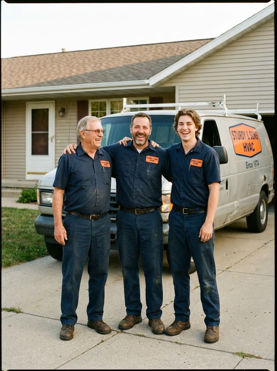 Walt, Tom, and Jess Sturdy in front of the shop